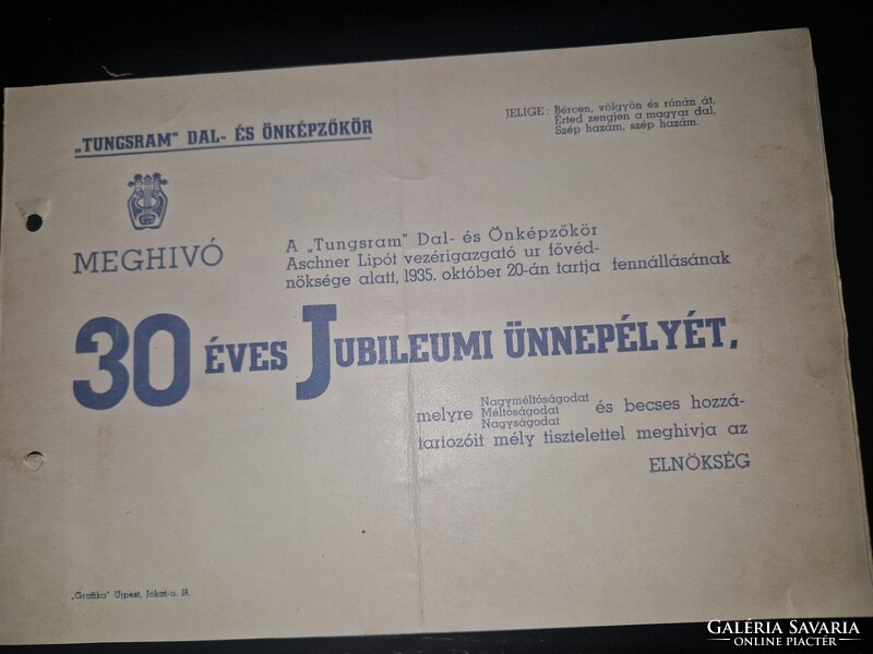 1935, Tungsram dalkör, meghívó 30 éves jubileumi ünnepélyre