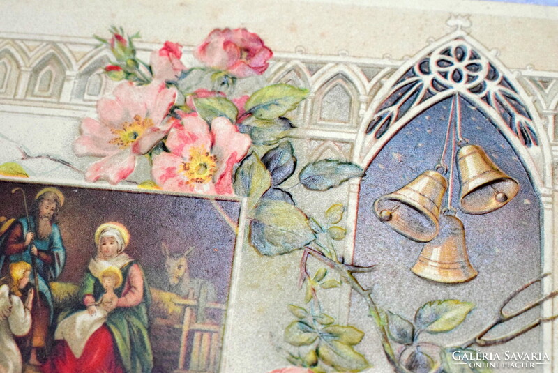 Antik dombornyomott Karácsonyi képeslap Szent Család harangtorony vadrózsa  1921