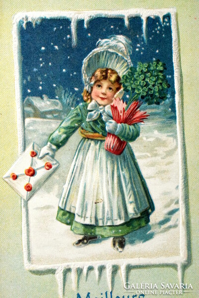 Antik dombornyomott Újévi üdvözlő képeslap  - kislány , téli táj, 4levelű lóhere  1907