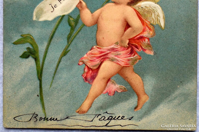 Antik dombornyomott  üdvözlő képeslap -  angyalka  szeret-nem szeret margaréta virággal 1904