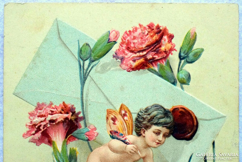 Antik  dombornyomott üdvözlő képeslap -  puttó levéllel viaszpecsét   1904