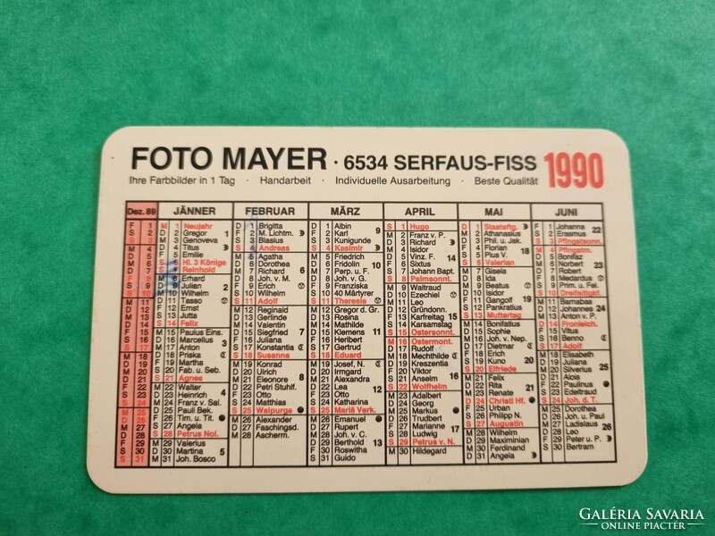 FOTO MAYER 1990. évi német kártyanaptár névnapokkal