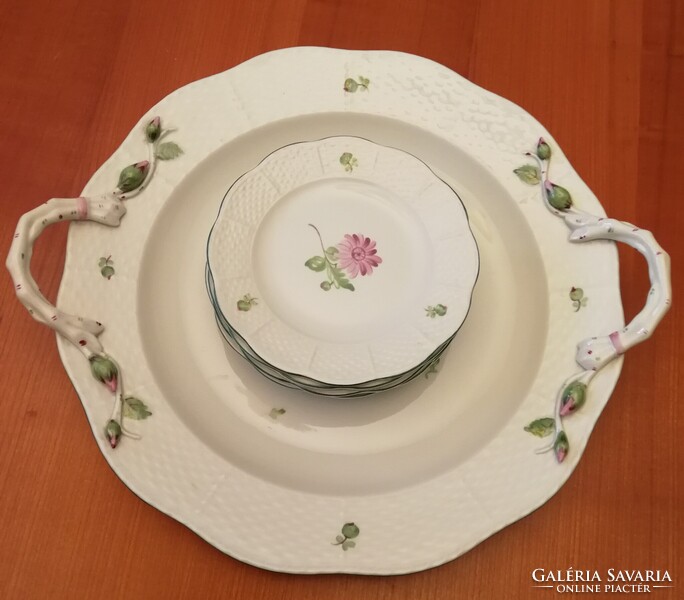 Herendi porcelán növényinda füles kínáló süteményes készlet!