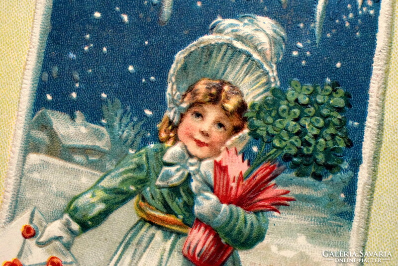 Antik dombornyomott Újévi üdvözlő képeslap  - kislány , téli táj, 4levelű lóhere  1907
