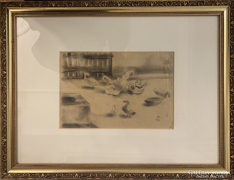 Ducsay Béla: Mari néni kacsái - szén, papír