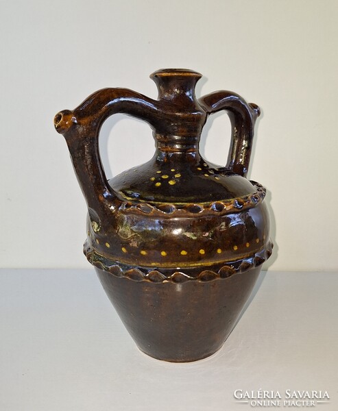 Kulutácz Mohács jelzett kétfülű kerámia ivókanna, kancsó, váza, antik