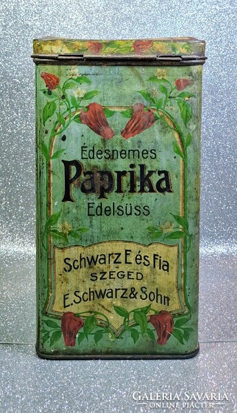 Antik „Édesnemes Paprika – Schwarz E. és Fia, Szeged” bádogdoboz, kb. 1910 körül