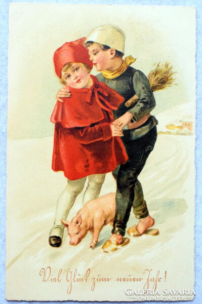 Art deco újévi üdvözlő litho képeslap - kislány , kéményseprő fiú   malac  téli táj   1926  Svájc