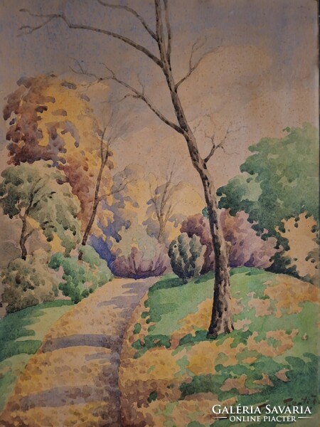 Tibai Takács János (1876-1953) Tabáni park részlet.  Akvarell/papír.  49x36cm, kerete nincs.