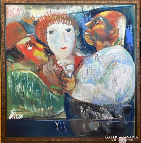 Bakányi Gyula (1955-) Mulatozók, olaj farost jelzett 74x78cm