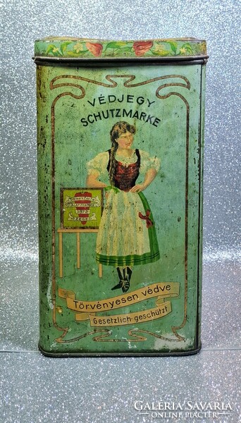 Antik „Édesnemes Paprika – Schwarz E. és Fia, Szeged” bádogdoboz, kb. 1910 körül