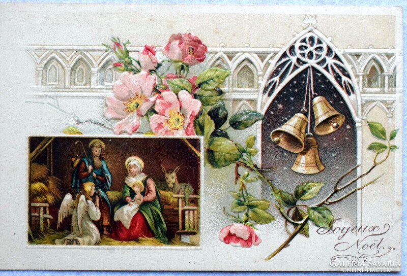 Antik dombornyomott Karácsonyi képeslap Szent Család harangtorony vadrózsa  1921