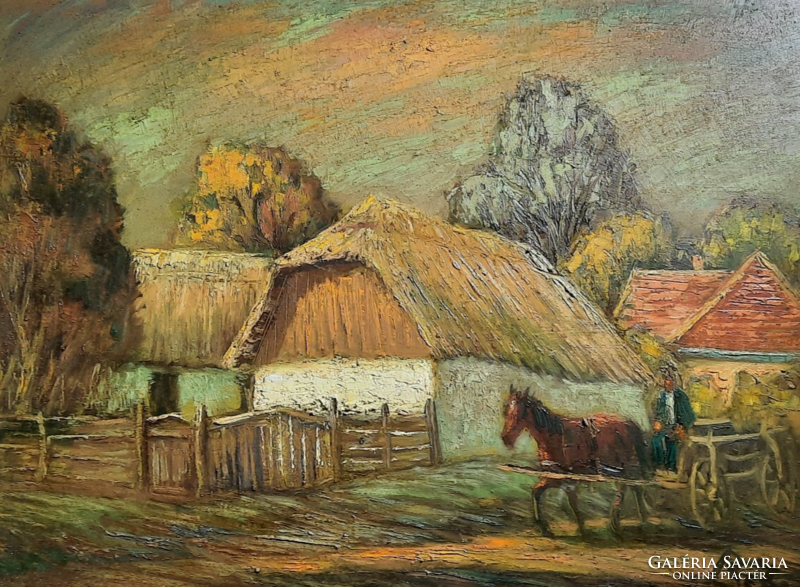Réti Mátyás: Vidéki életkép (Teljes méret 70x90 cm) olaj, farost, hintó, ló
