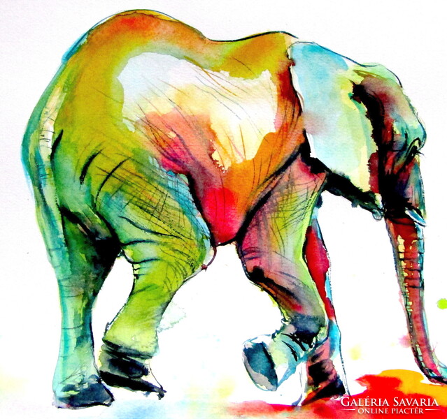 Colorful elephant alone II -  watercolor painting -Színes elefánt magányosan II -akvarell festmény