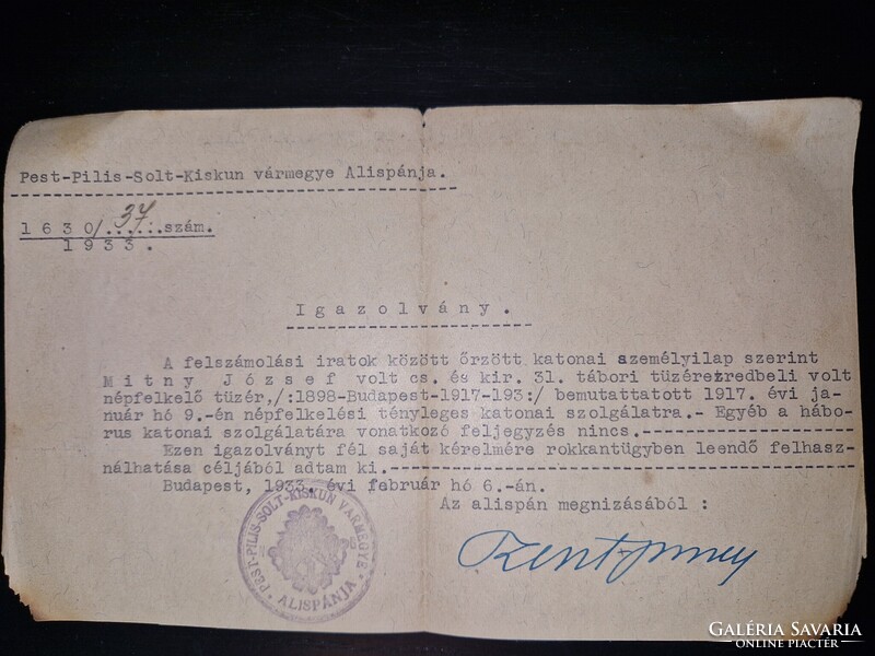 1933, katonai irat a pest-kiskun megyei alispán aláírásával