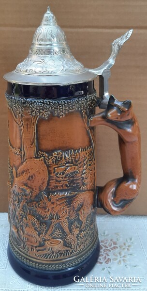 Gerzit német vadász korsó, rókás füllel, ón fedéllel.