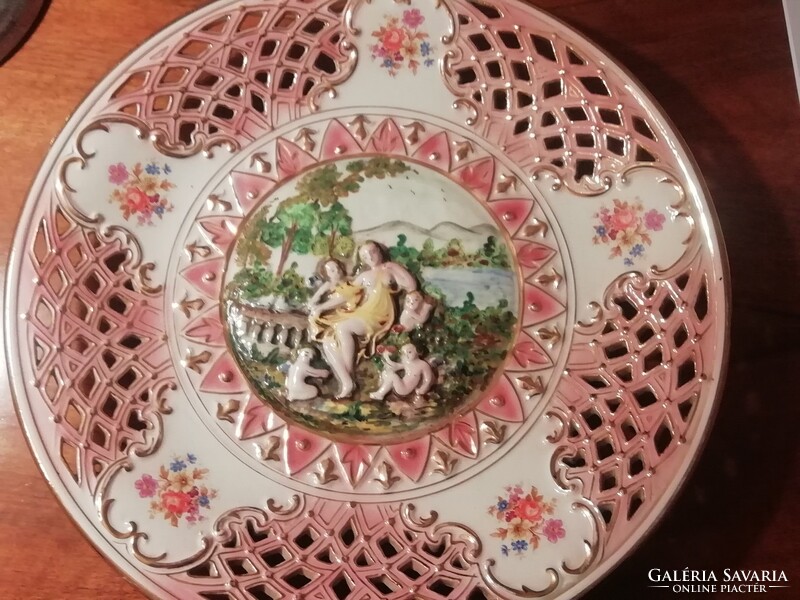 Antik Capodimonte áttört mintás falitányér, dísztányér, 39,5cm