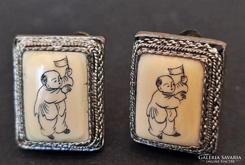 Antik kínai karcolt csontbetétes filigrán fülbevaló 1.- Ft-ról!