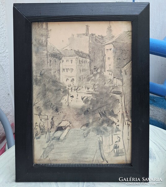 Nagyvárosi utca (szénrajz fekete keretben) jelzés nélkül