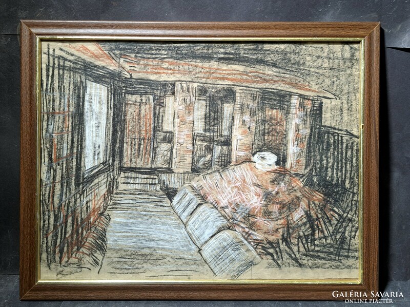 AKCIÓ! Enteriőr (keretezett színes ceruzarajz) hátoldalon: Portrévázlat - jelzés nélkül