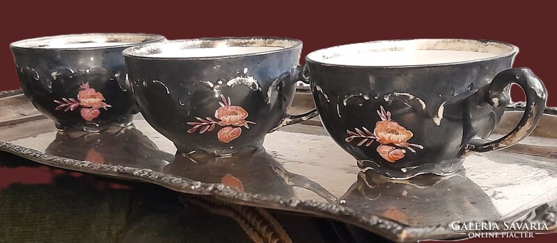 ANTIK:Ezüstmázas FEINSILBER rózsa dekorral kávéscsésze 3db BAVARIA-Rosenthal