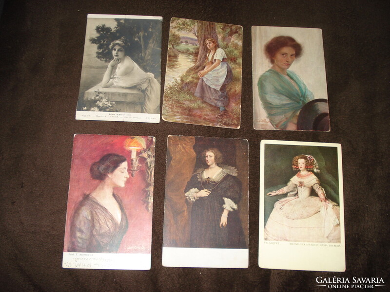 Hölgyek 6 db antik művészlap