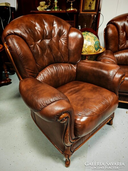 Antikolt barna olasz valódi bőr ülőgarnitúra , 3 személyes bőr kanapé + 2 fotel újszerű állapotban