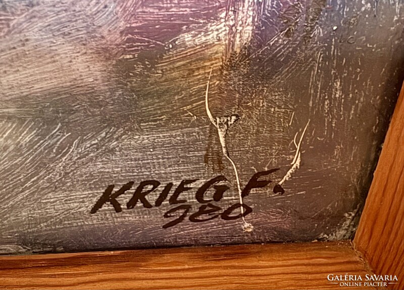 Krieg Ferenc 1921-2013 festőművész, grafikus jelzéssel olaj-farost technikával tájkép