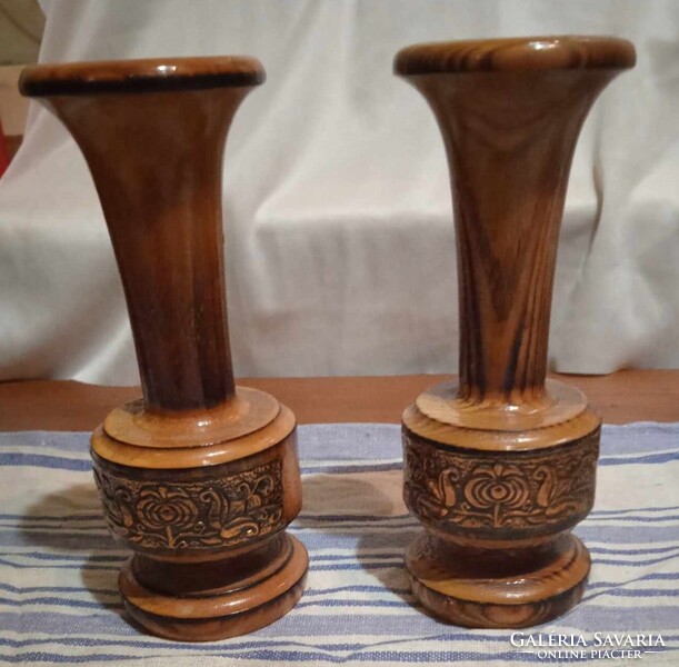 Two wooden Hungarian folk flower vase made in wood in good condition