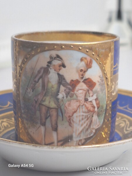 Antik altwien pici jelenetes csésze és csészealj kék és arany színben
