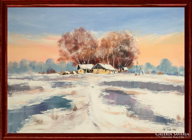 Első hó az Alföldön c. Nagyméretű olajfestmény -képkerettel-