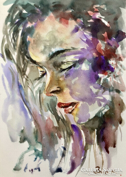 Lehunyt szemmel! Egy gyönyörű akvarell portré. A4 méret.Ajándéknak is tökéletes!