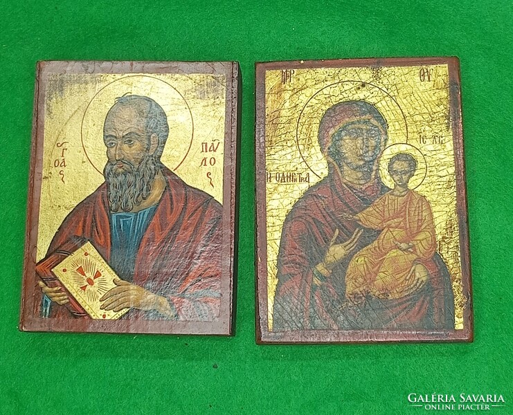Antik bizánci ikon ,fára kézzel aranyozott, festett jelzett másolata Hibátlan.2 db egyben