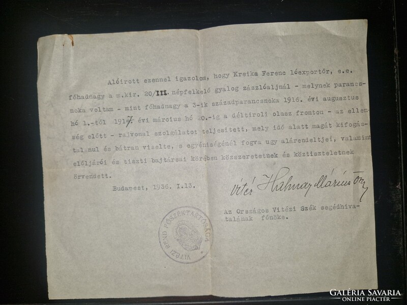 1936, igazolás a Vitézi Főszéktől, vitéz Hahnay Marius aláírásával