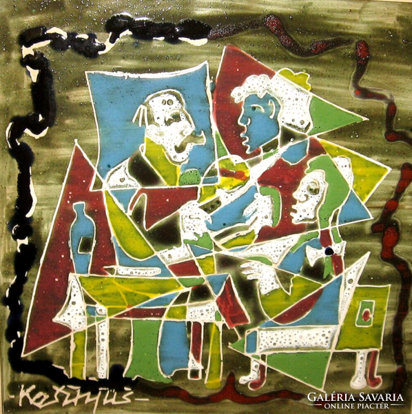 KESZTYŰS FERENC /1932 -/: CSALÁDFŐI KENYÉRSZEGÉS CSODÁS TŰZZOMÁNC - KERÁMIA FALIKÉP