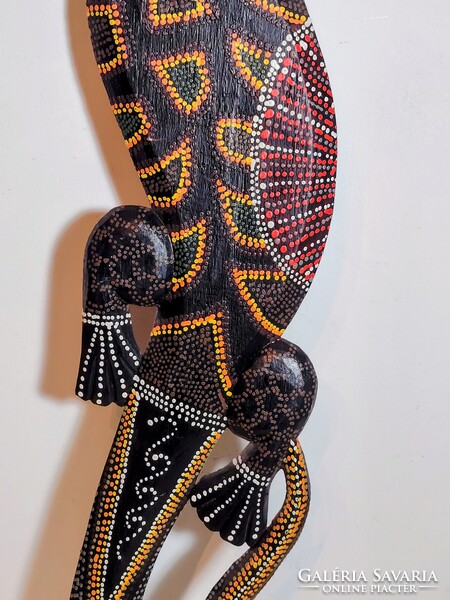 Kézzel faragott, festett fa gekkó dekoráció 100 cm.  ALKUDHATÓ