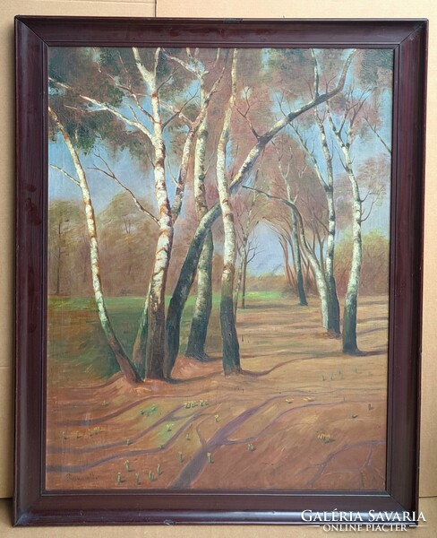 100x75 cm + keret! Pammer János: Erdőrészlet nyírfákkal (nagy méretű olajfestmény) Erdei tájkép
