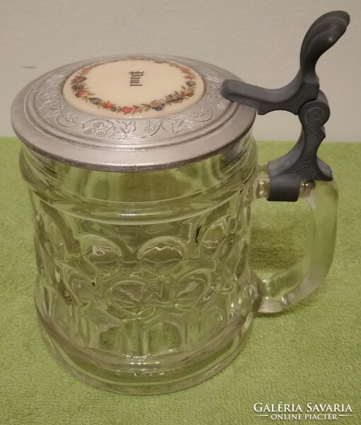 Üveg söröskorsó, söröskupa - csuklós ónfedéllel - 11 x 13 cm.