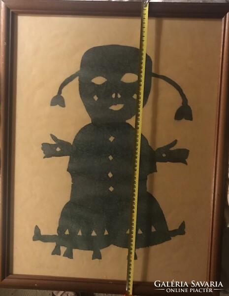 Oláh Mátyás "Zöld kislány" decoupage japán papír technikájú kép, aláírt, datált