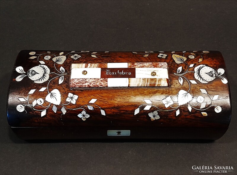 Míves antik karlsbad-i pietra dura rátétes, gyöngyházintarziás fadoboz 1.- Ft-ról!!!