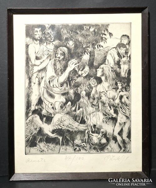 ÁR ALATT! 9 ezer Ft-ról: Pituk József - Remete (rézkarc) sokalakos életkép, emberek, állatok