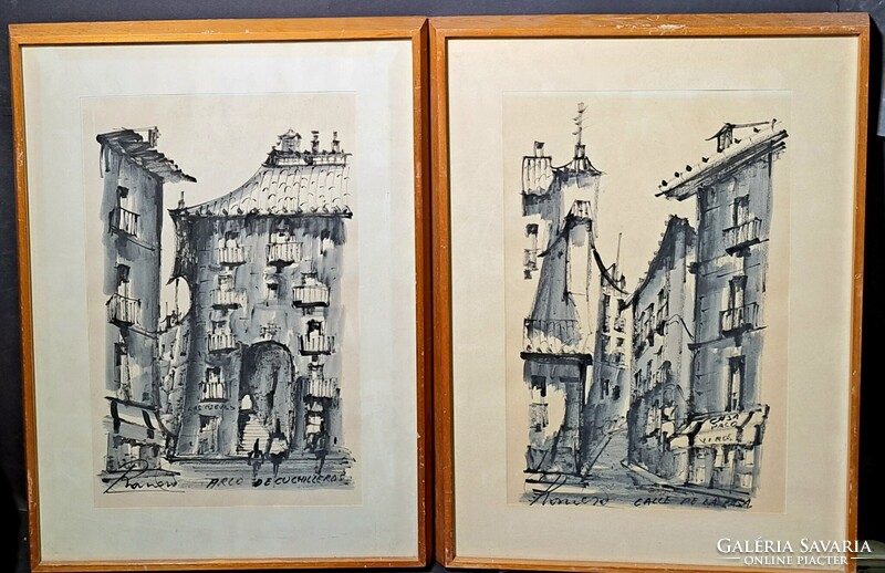 ALKALMI ÁRON! MADRID, PÁRBAN 2 DB - mediterrán utcakép, azonos méretben - Romero szignó, spanyol,