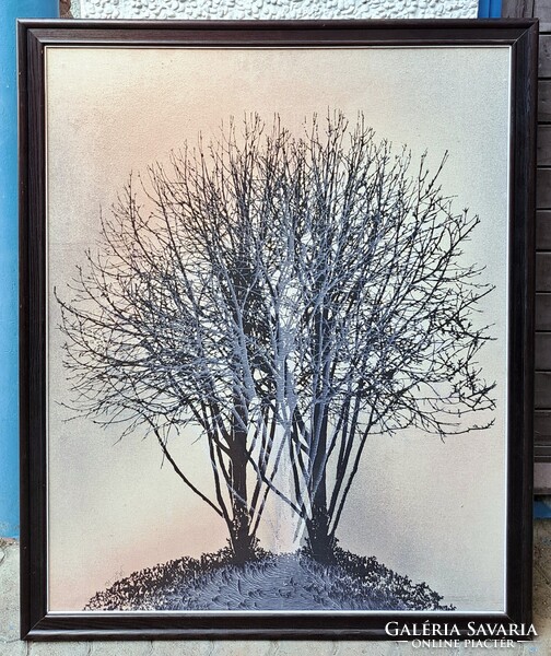 SZUPER ÁR! Hatalmas keretezett textilkép, lakberendezéshez is kiváló! Balogh Sándor: Erdei táj - fák