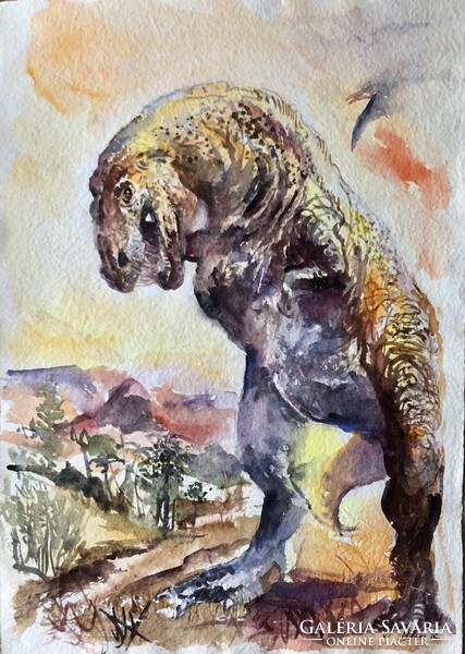 A félelmetes T-Rex. Gyönyörű  akvarell festmény 32x22 cm.