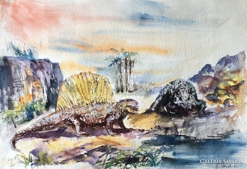 Őslények világa Z. Burian myomán. Gyönyörű  akvarell festmény 32x22 cm.