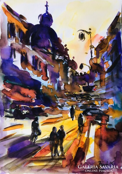 Esti város. Gyönyörű  akvarell . Evening city  art by Konrad Biro 34x24 cm.