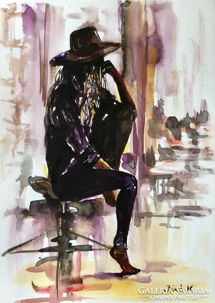 Városi lány art by Konrad Biro. Magas minőségű kortárs akvarell a műteremből.