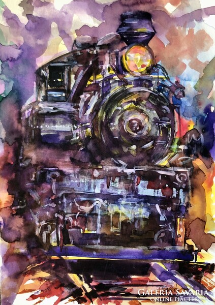 Gőzgépek mozdonyok a közlekedés hőskorából. 21x15 cm. Modern kortárs akvarell!