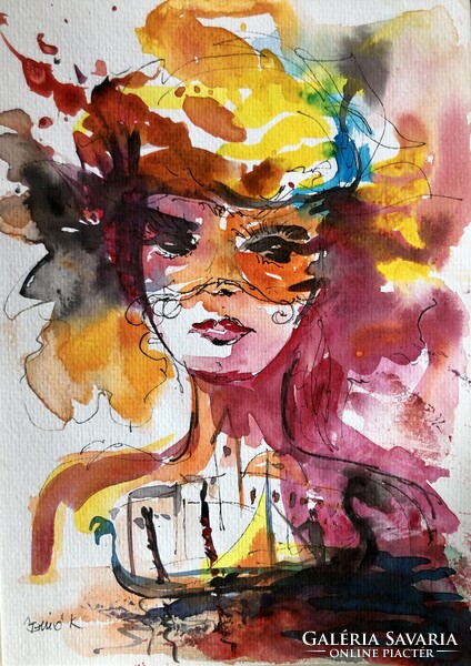 Velence. Karnevál sorozat ! 21x15 cm. Modern kortárs akvarell!