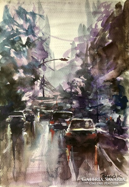 Este a városban . Kiemelkedően szép, professzionális akvarell.